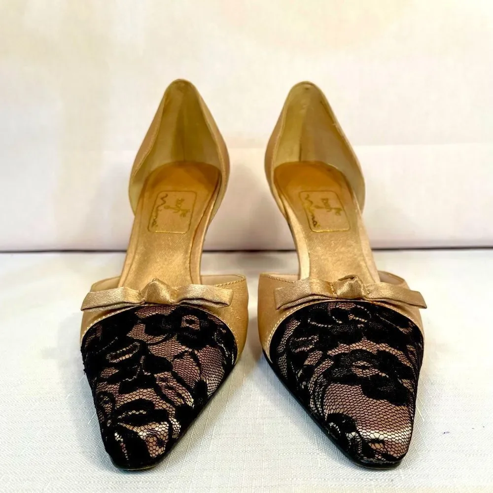 GOLD SATIN w BLACK LACE FORMAL SHOES 3.5” HEEL by THE TOUCH OF NINA SIZE 7.5